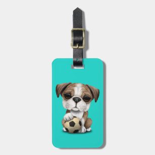 Cute British Bulldog Puppy With Football Soccer Ba Luggage Tag