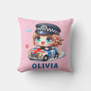 Cute British Police Girl Driving Police Car Cushion