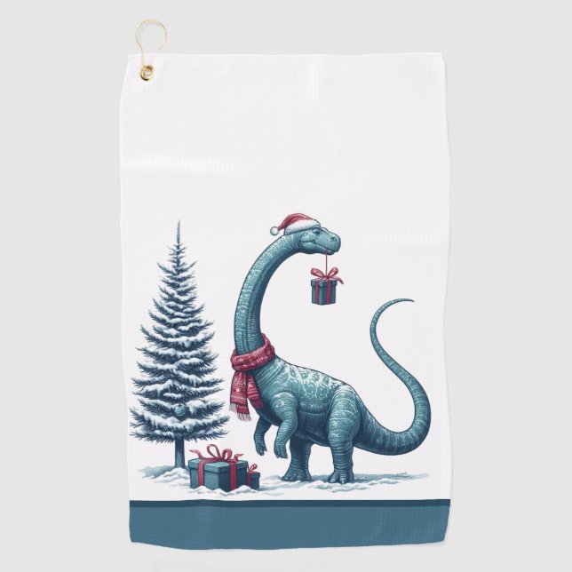 Cute Brontosaurus Christmas Golf Towel (Front)