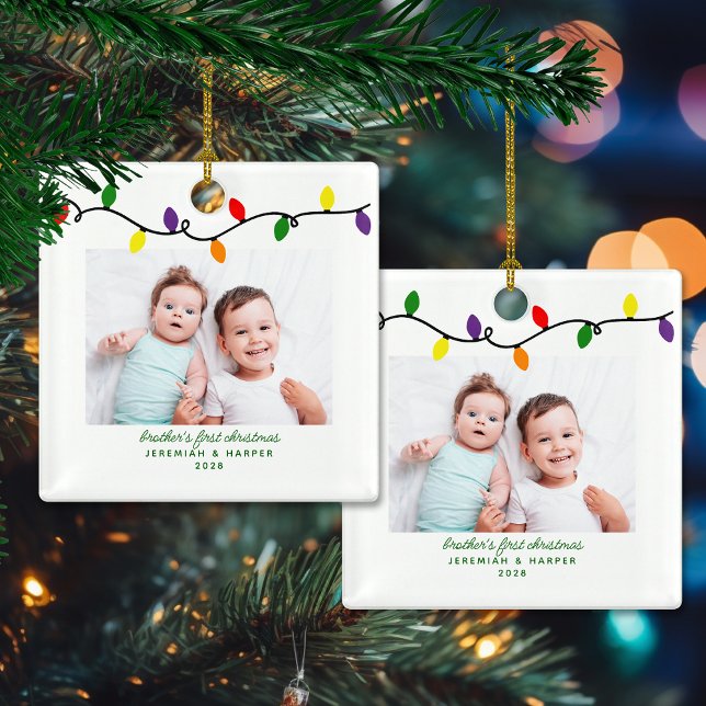 Cute Brother's First Christmas Lights Photo Ceramic Ornament (Cute Brother's First Christmas Lights Photo Ceramic Ornament)