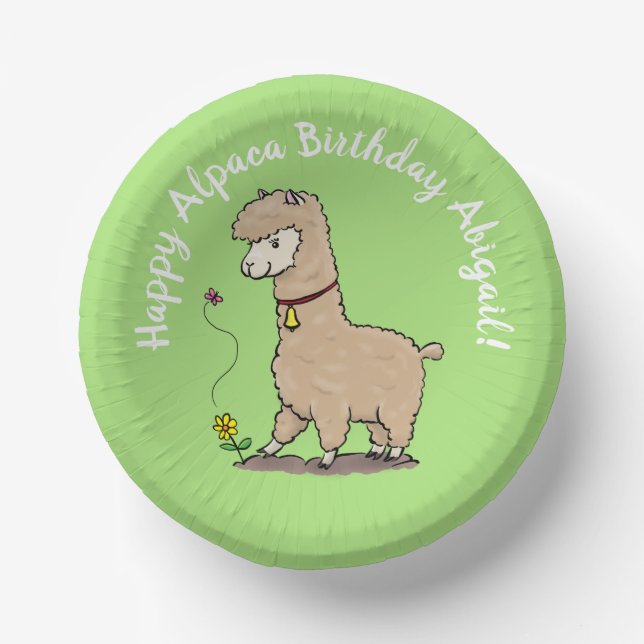 Cute brown alpaca with butterfly birthday cartoon paper plate (Front)