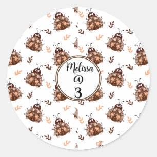 Cute Brown and Beige Ladybug and Flower Pattern Classic Round Sticker