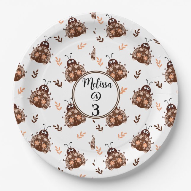 Cute Brown and Beige Ladybug and Flower Pattern Paper Plate (Front)