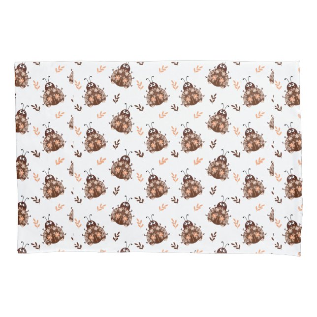 Cute Brown and Beige Ladybug and Flower Pattern Pillowcase (Front)