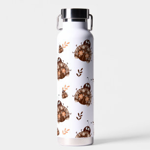 Cute Brown and Beige Ladybug and Flower Pattern Water Bottle