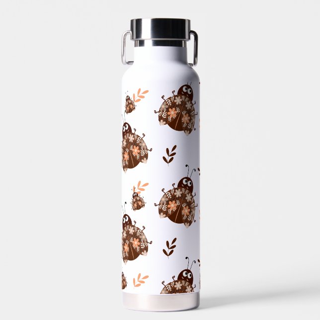 Cute Brown and Beige Ladybug and Flower Pattern Water Bottle (Front)