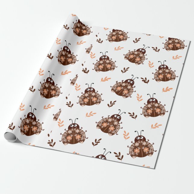 Cute Brown and Beige Ladybug and Flower Pattern Wrapping Paper (Unrolled)