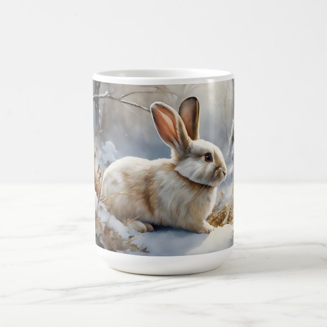 Cute Brown and White Bunny Rabbit in the Snow  Coffee Mug (Center)