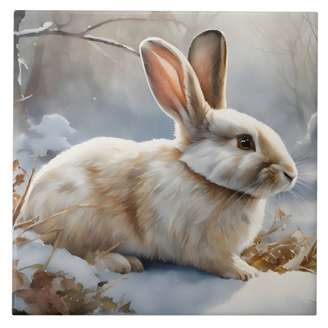 Cute Brown and White Bunny Rabbit in the Snow  Tile (Front)