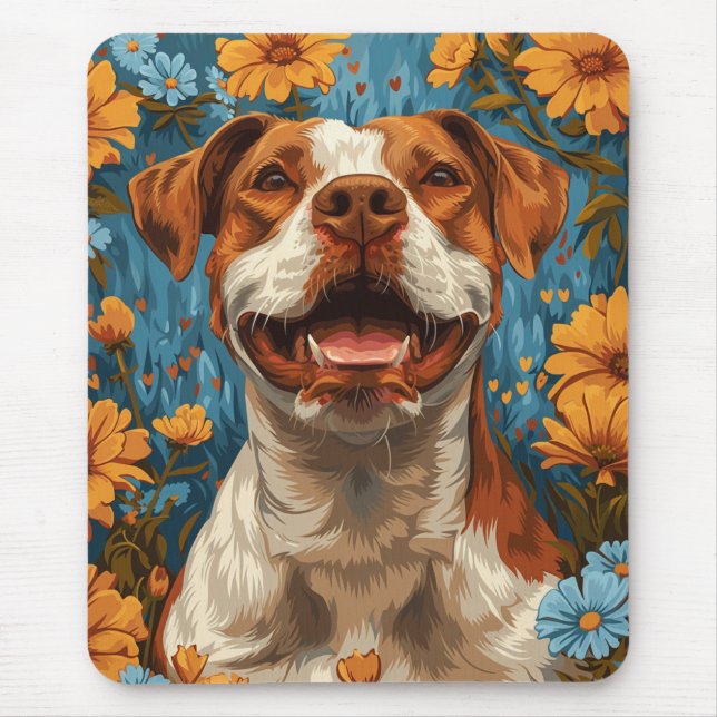 Cute Brown and White Dog and Flowers Mouse Mat (Front)