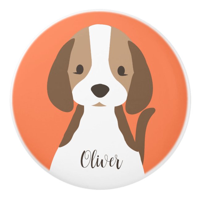 Cute brown and white dog portrait ceramic knob (Front)