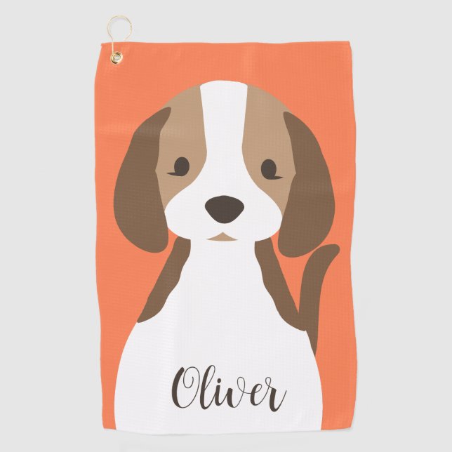 Cute brown and white dog portrait golf towel (Front)
