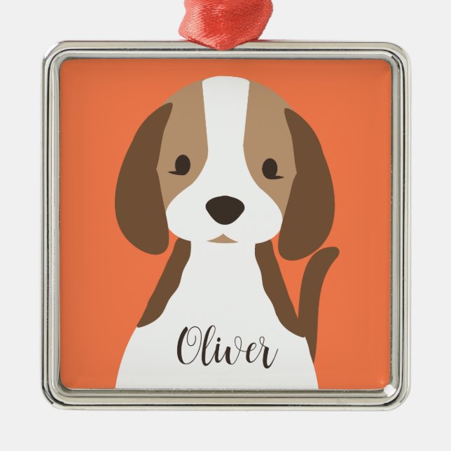Cute brown and white dog portrait metal tree decoration (Front)
