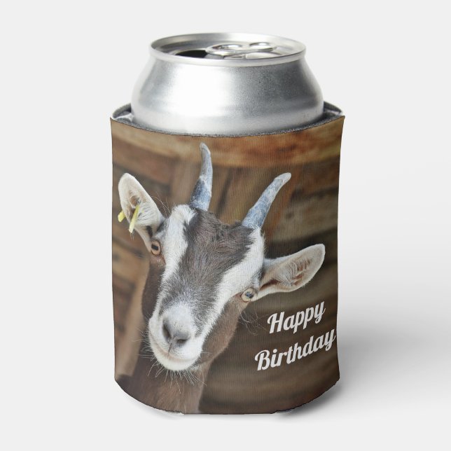 Cute Brown and White Goat Photo Birthday Can Cooler (Can Front)