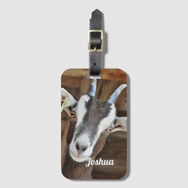Cute Brown and White Goat Photo Luggage Tag (Front Vertical)