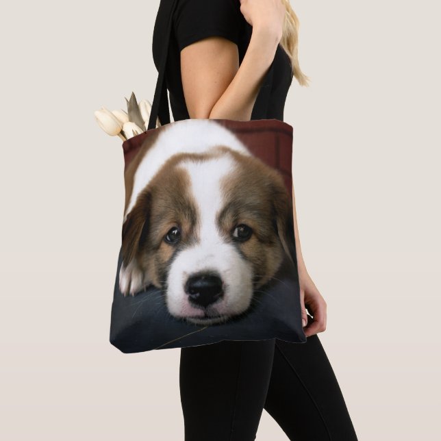 Cute Brown And White Puppy Tote Bag (Close Up)