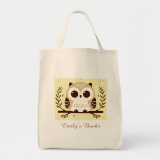 Cute brown and yello owl personalised library book tote bag