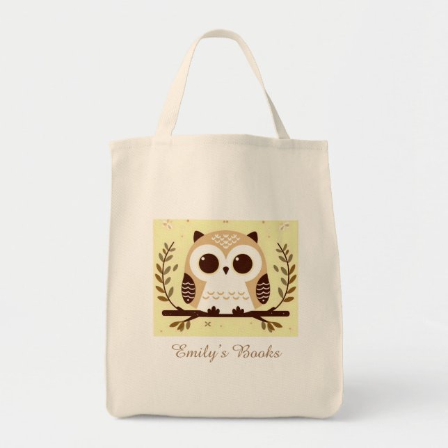 Cute brown and yello owl personalised library book tote bag (Front)