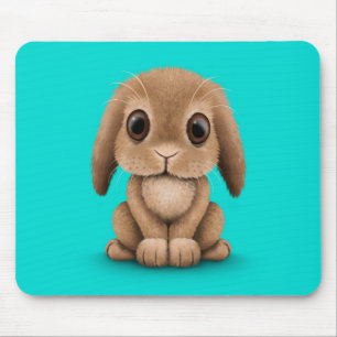 Cute Brown Baby Bunny Rabbit on Blue Mouse Mat