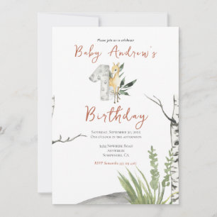 Cute Brown Baby Deer Watercolor 1st Birthday Invitation