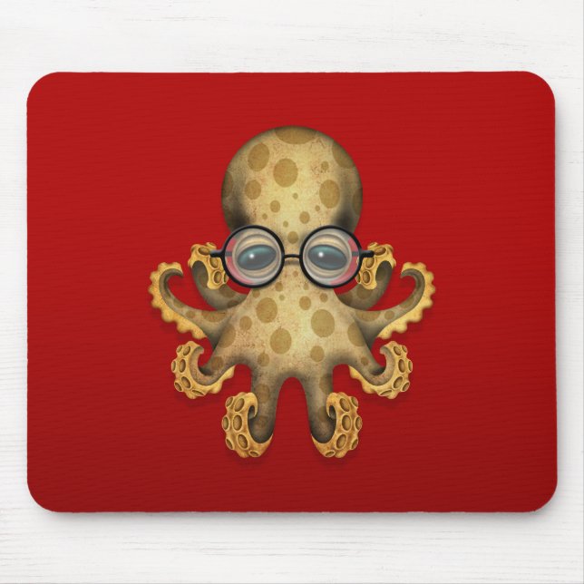 Cute Brown Baby Octopus Wearing Glasses on Red Mouse Mat (Front)