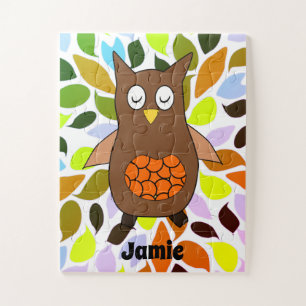 Cute Brown Baby Owl Bright Kids Name Jigsaw Puzzle