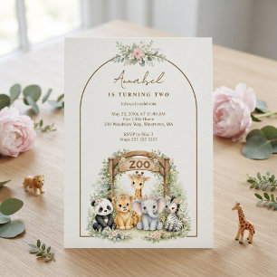 Cute Brown Baby Zoo Animals Floral Birthday LPM26 Invitation