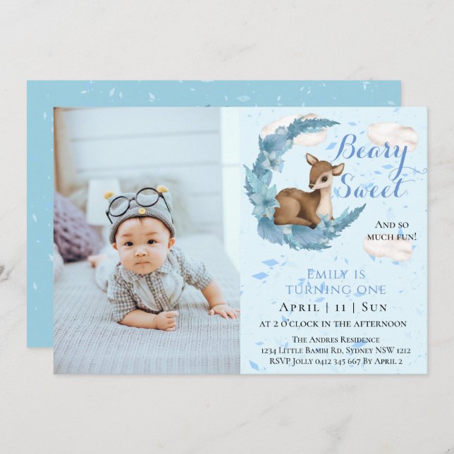 Cute Brown Bambi Flowers Clouds 1st Birthday Party Invitation (Front/Back)