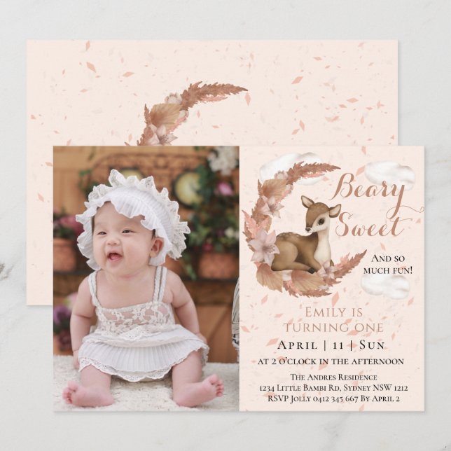 Cute Brown Bambi Flowers Clouds 1st Birthday Party Invitation (Front/Back)