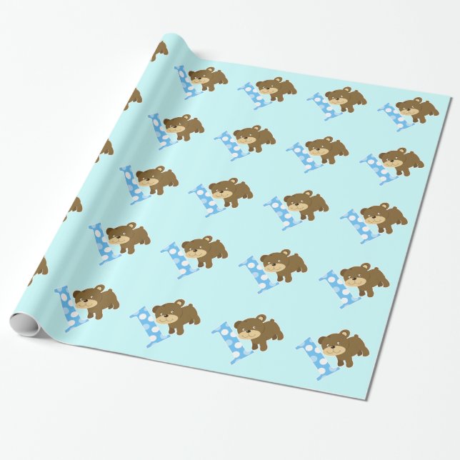 Cute Brown Bear 1st Birthday One Wrapping Paper (Unrolled)