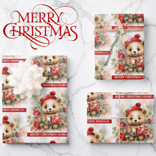 Cute Brown Bear Add Name Christmas 3 Wrapping Paper Sheet