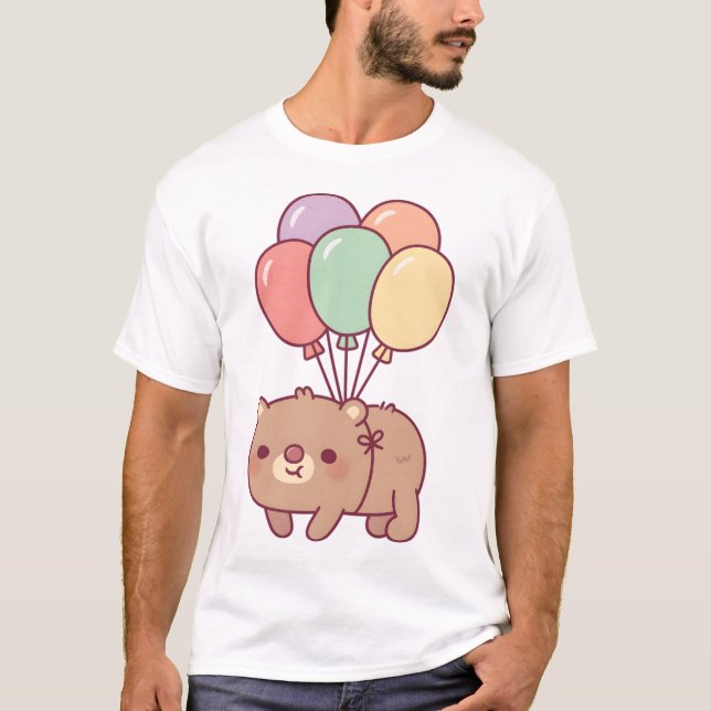 Cute Brown Bear and Balloons T-Shirt (Front)