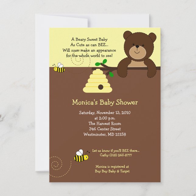 Cute Brown Bear and Honey Bee Baby Shower 4x6 Invitation (Front)