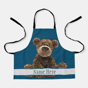 Cute Brown Bear Animal Stylish Name Blue Kid's  Apron