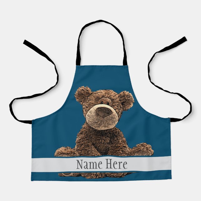 Cute Brown Bear Animal Stylish Name Blue Kid's  Apron (Front)
