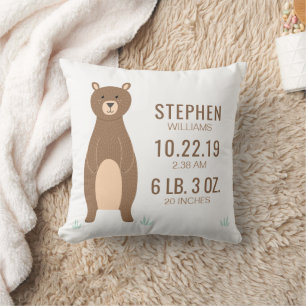 Cute Brown Bear Baby Birth Record Stats Cushion