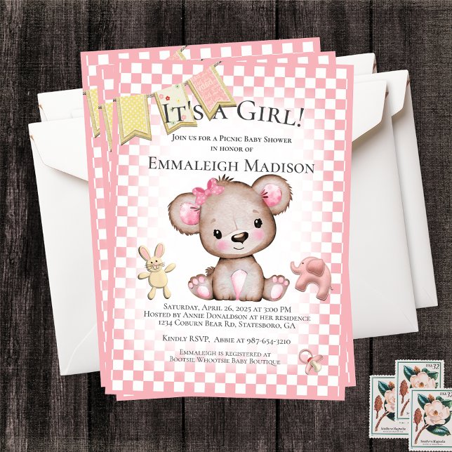 Cute Brown Bear Baby Girl Picnic Baby Shower Invitation (Creator Uploaded)