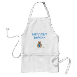 Cute Brown Bear Blue Bib Baby's First Birthday Standard Apron