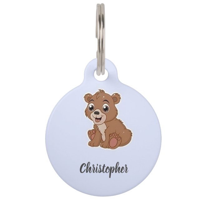 Cute brown bear blue pet tag (Front)