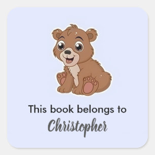 Cute brown bear blue square sticker