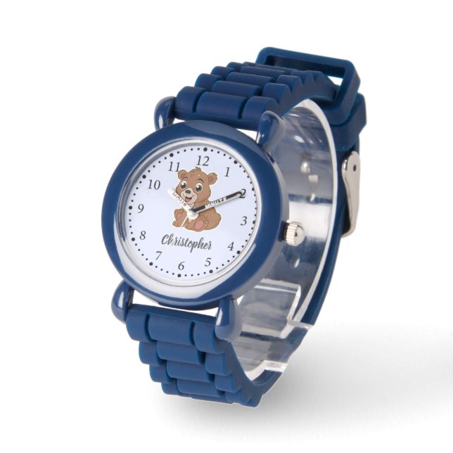 Cute brown bear blue watch (Angle)