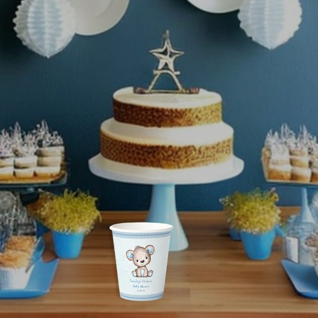 Cute Brown Bear Boy Blue Blanket Paper Cups (Creator Uploaded)