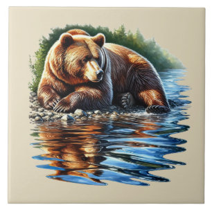 Cute brown bear country cabin lake house tile