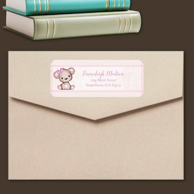 Cute Brown Bear Girl Baby Shower Return Address (Creator Uploaded)