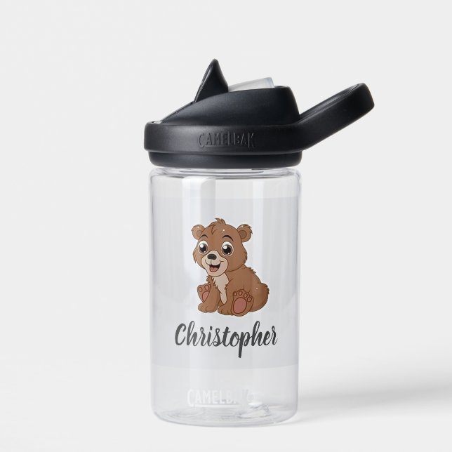 Cute brown bear grey water bottle (Left)