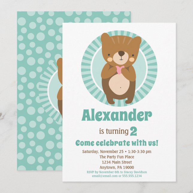 Cute Brown Bear Heart Birthday Invitation Boy Girl (Front/Back)