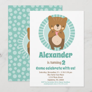 Cute Brown Bear Heart Birthday Invitation Boy Girl