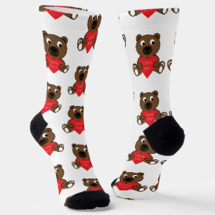 Cute Brown Bear Heart Love Valentine pattern white Socks