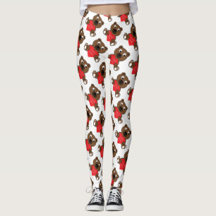 Cute Brown Bear Heart Love You Valentines pattern Leggings