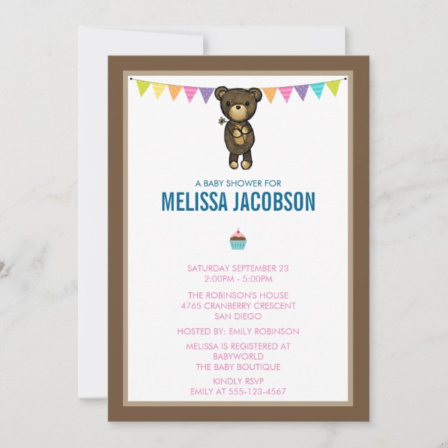 Cute Brown Bear Holding a Flower Baby Shower Invitation (Front)